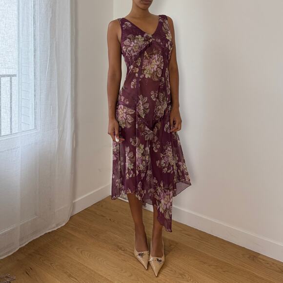 Italian Vintage Semi-Sheer Chiffon Bias-Cut Floral Midi Dress (M/L) - Picture 8 of 9